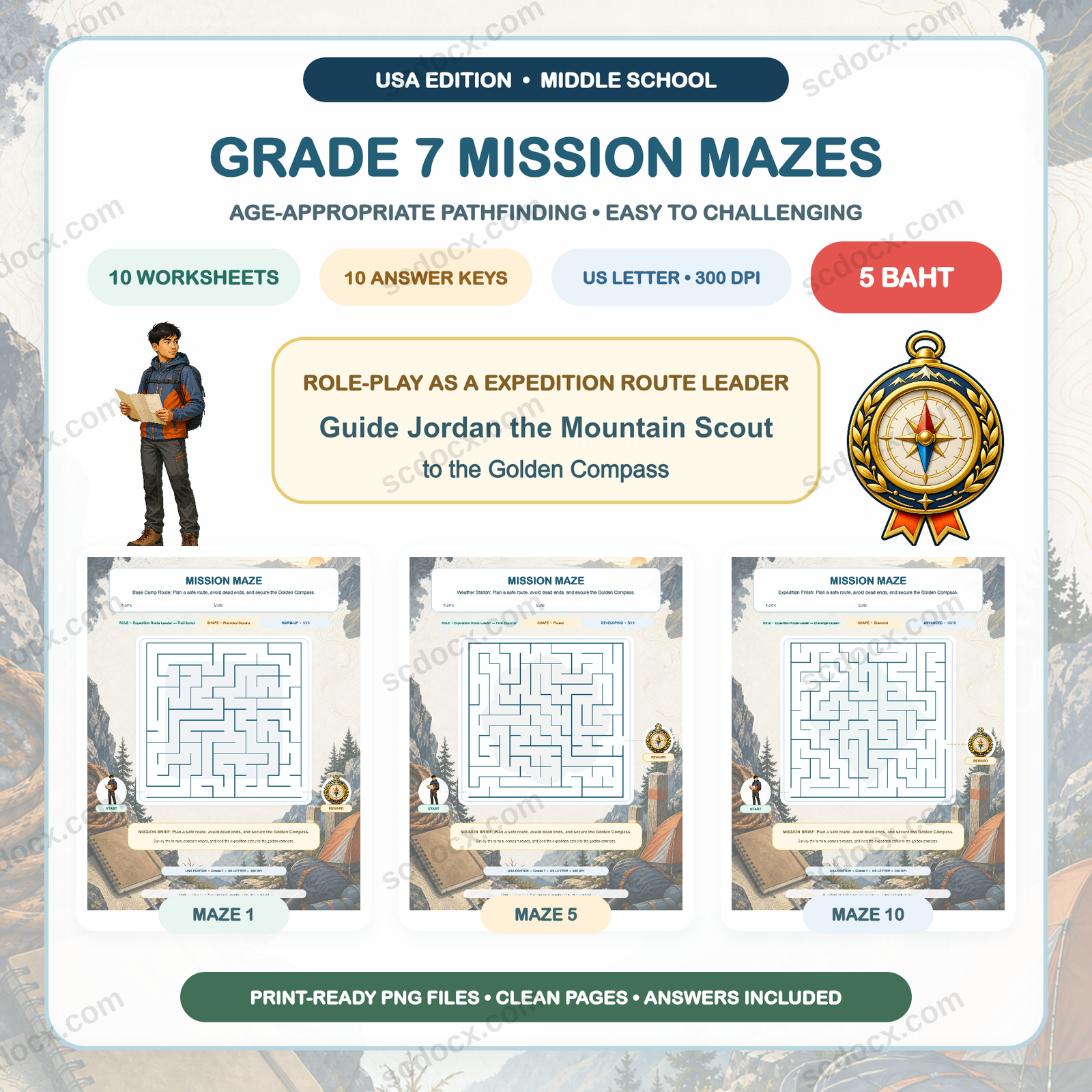 USA Edition Mission Mazes — Grade 7 (10 Worksheets + Answers)