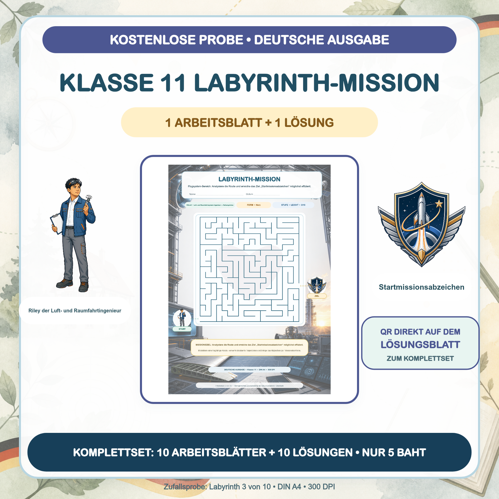 KOSTENLOSE PROBE — Labyrinth-Missionen Deutsch: Klasse 11 (1 Arbeitsblatt + Lösung)