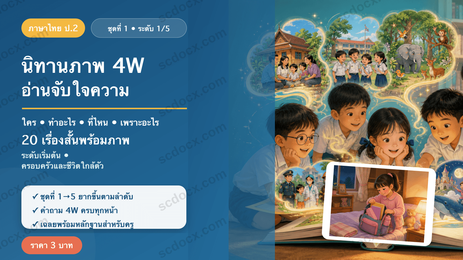 นิทานภาพ 4W อ่านจับใจความ ป.2 ชุดที่ 1 (ระดับเริ่มต้น) — ครอบครัวและชีวิตใกล้ตัว 20 เรื่อง พร้อมเฉลย