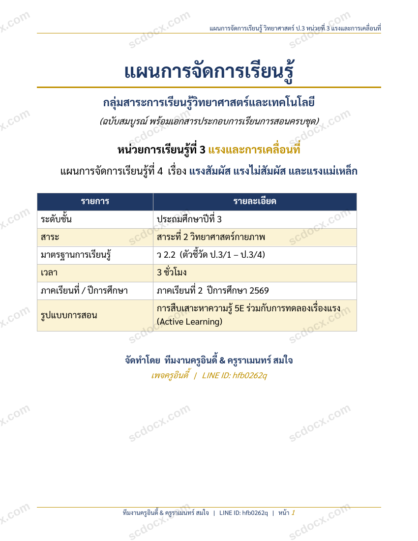 แผนการสอนประกอบการประเมิน ว.PA วิชาวิทยาศาสตร์ แผนที่ 4 เรื่อง แรงสัมผัสและแรงไม่สัมผัส ชั้น ป.3