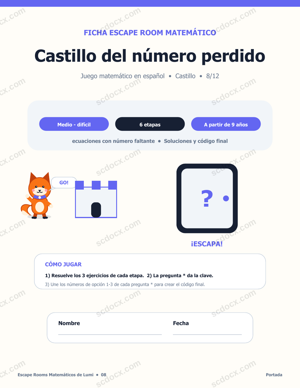 Escape Room Matemático en Español 08 - Castillo del número perdido con soluciones