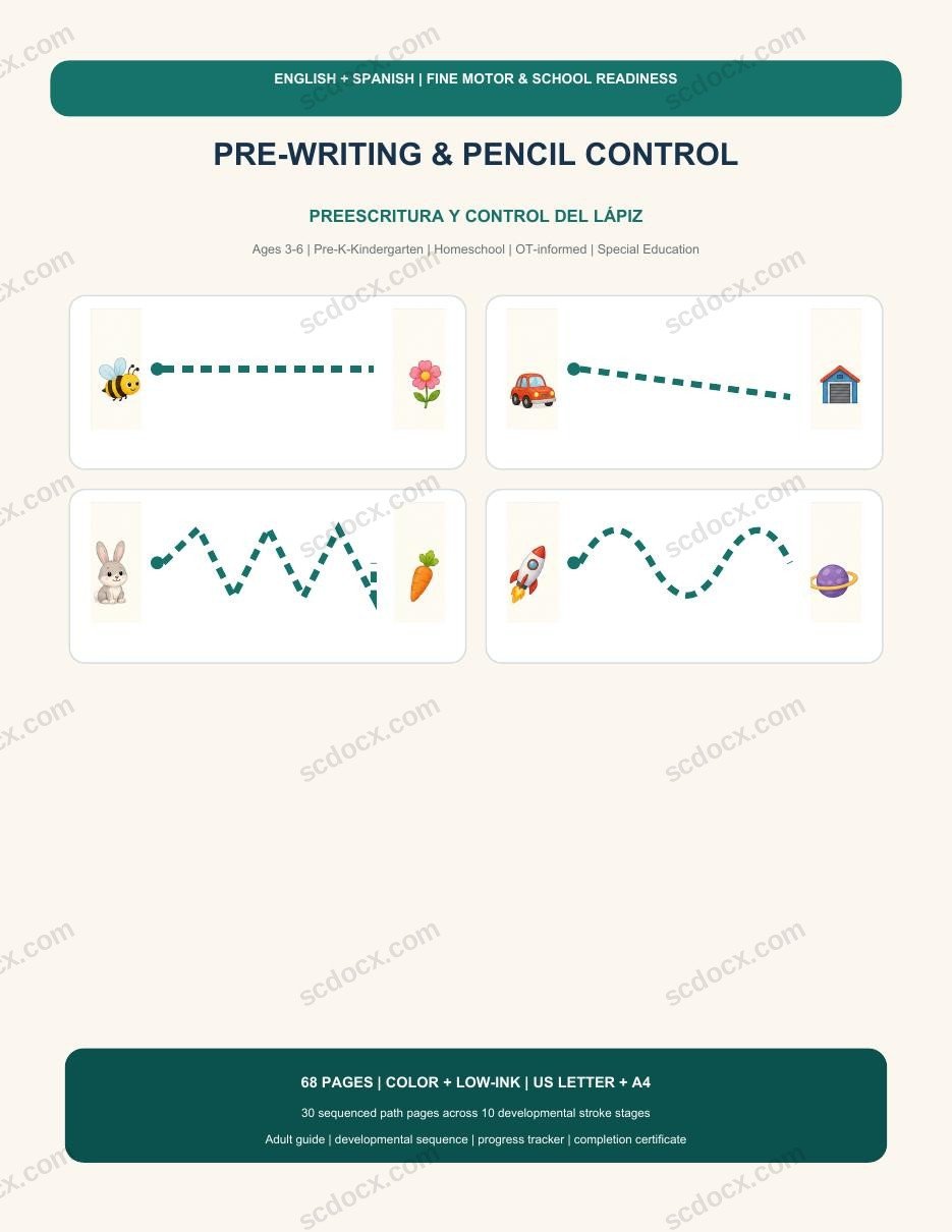 Bilingual Pre-Writing & Pencil Control | ฝึกลากเส้นเตรียมเขียน 2 ภาษา 68 หน้า