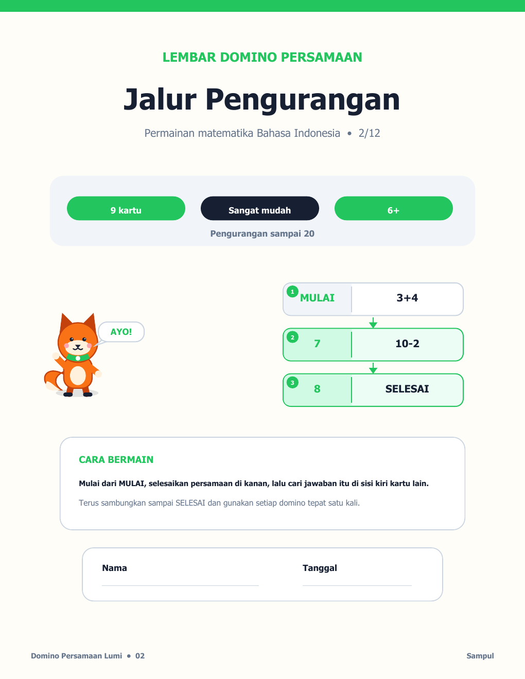 Domino Persamaan Bahasa Indonesia 02 - Jalur Pengurangan dengan Jawaban (GRATIS)