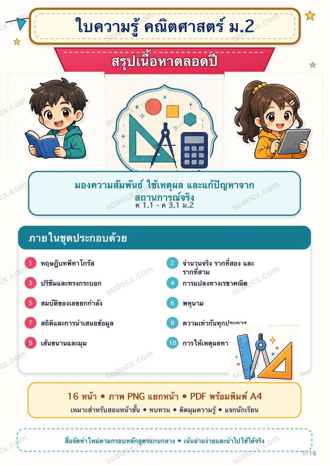 ใบความรู้ คณิตศาสตร์ ม.2 ครบปี | อินโฟกราฟิกพร้อมสอน 16 หน้า