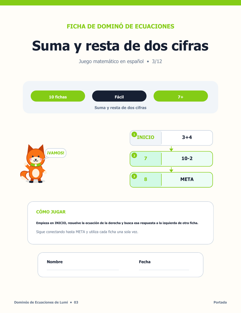Dominó de Ecuaciones en Español 03 - Suma y resta de dos cifras con soluciones (GRATIS)