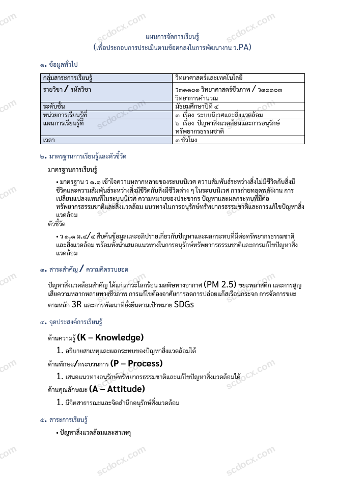 แผนการสอน ว.PA วิทยาศาสตร์ แผนที่ 6 ปัญหาสิ่งแวดล้อมและการอนุรักษ์ทรัพยากรธรรมชาติ ม.4