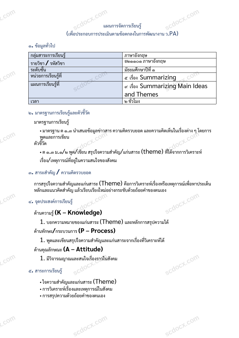 แผนการสอน ว.PA ภาษาอังกฤษ แผนที่ 9 Summarizing Main Ideas and Themes ม.1