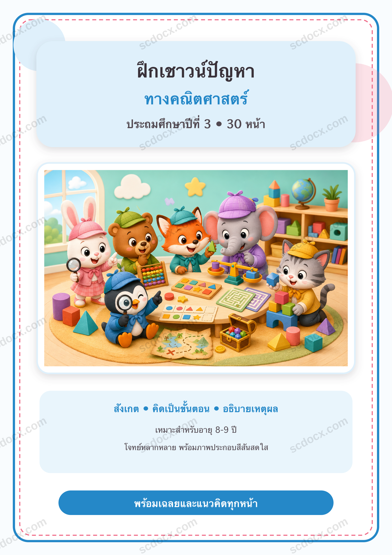แบบฝึกเชาวน์ปัญหาทางคณิตศาสตร์ ป.3 | 30 หน้า พร้อมเฉลย 30 หน้า PDF + PNG