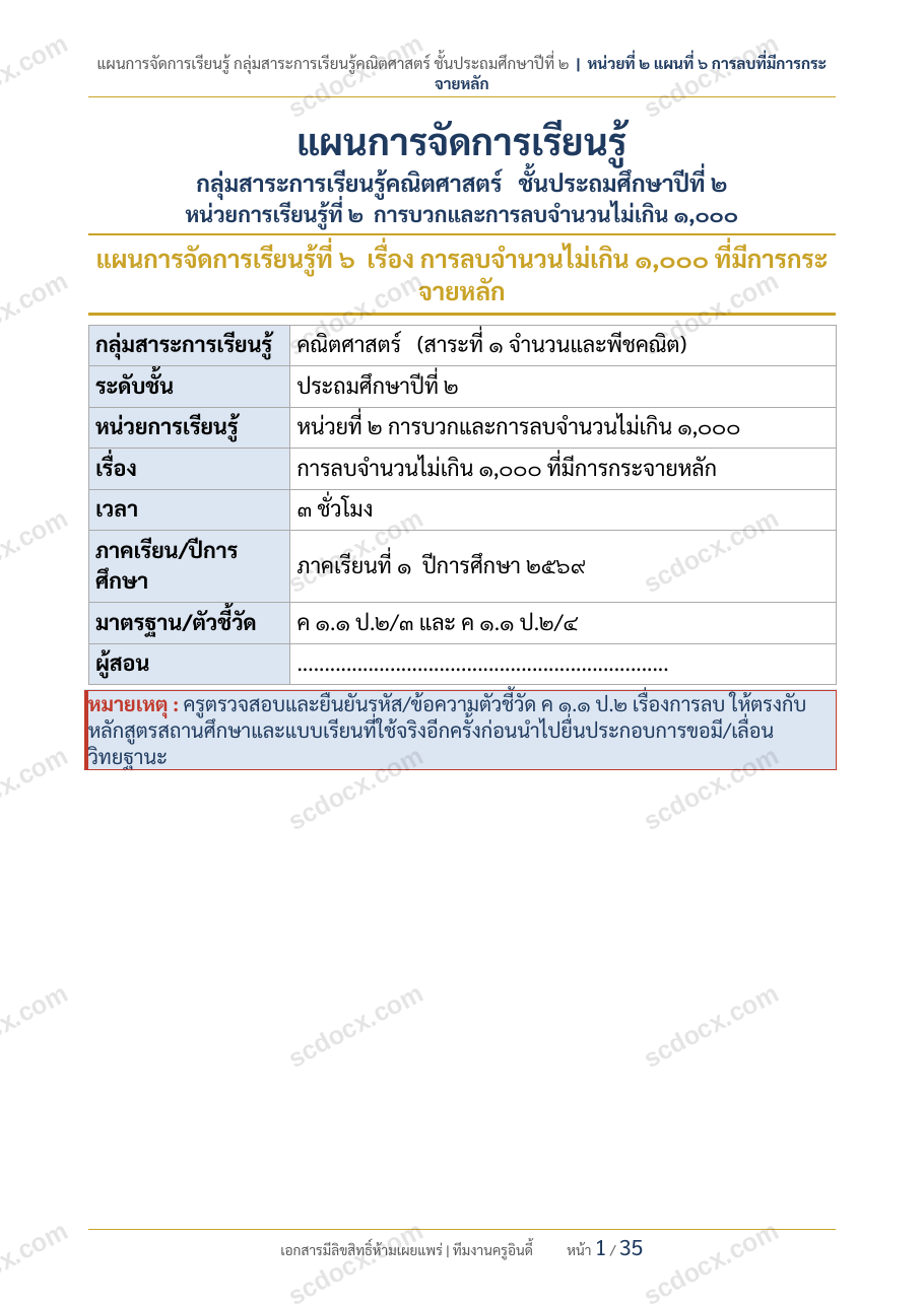 แผนการสอนประกอบการประเมิน ว.PA วิชาคณิตศาสตร์ แผนที่ 6 เรื่อง การลบจำนวนไม่เกิน1000มีการกระจาย ชั้น ป.2