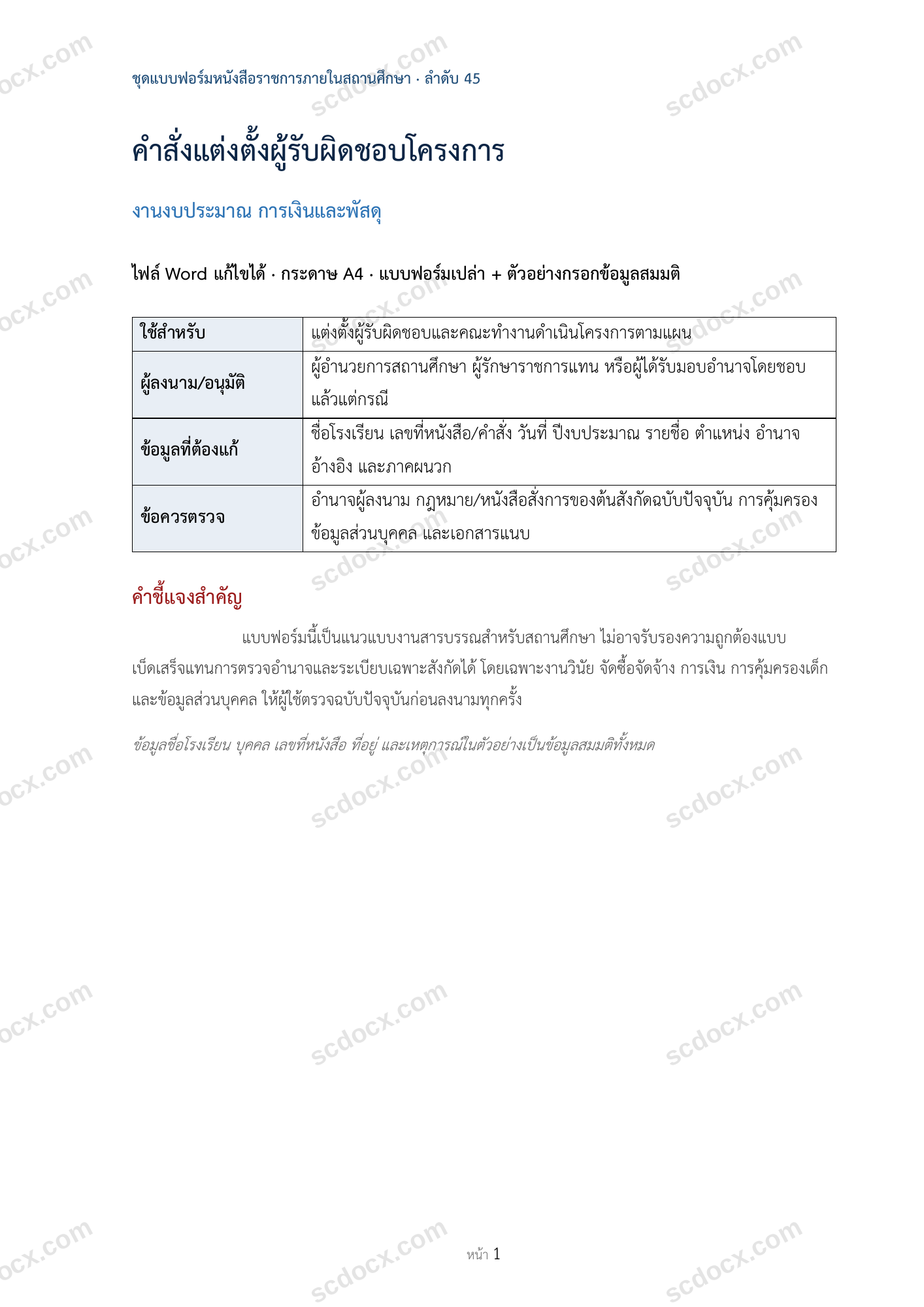 คำสั่งแต่งตั้งผู้รับผิดชอบโครงการ