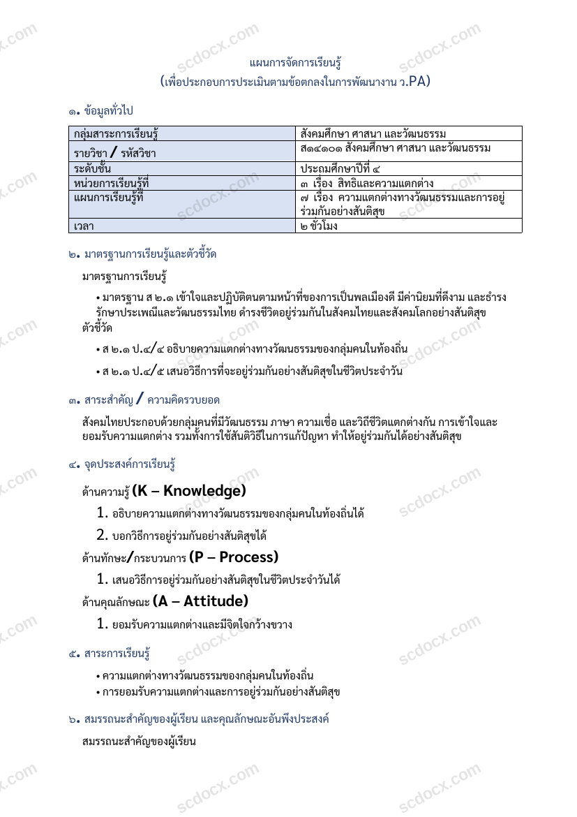 แผนการสอนประกอบการประเมิน ว.PA วิชาสังคมศึกษา แผนที่ 7 เรื่อง ความแตกต่างทางวัฒนธรรมและการอยู่ร่วมกันอย่างสันติสุข ชั้น ป.4
