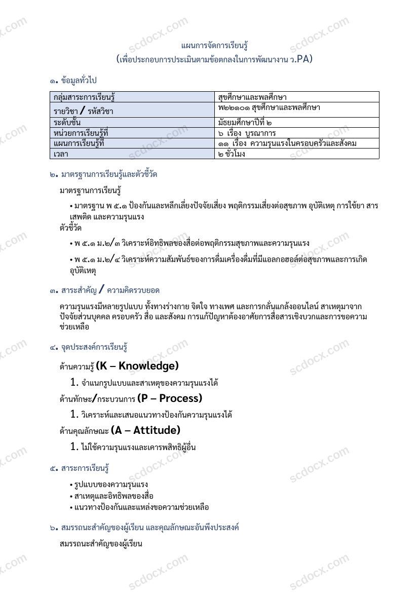แผนการสอน ว.PA สุขศึกษาและพลศึกษา แผนที่ 11 ความรุนแรงในครอบครัวและสังคม ม.2