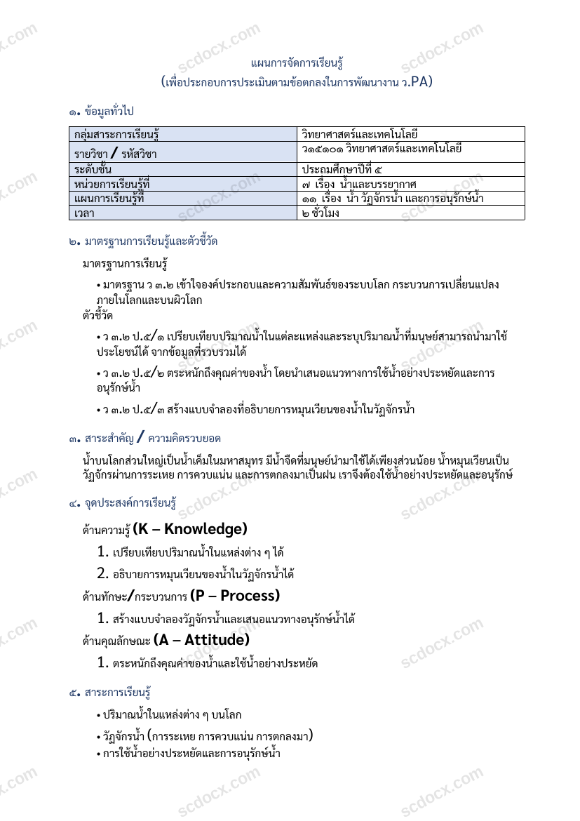 แผนการสอน ว.PA วิทย์ แผนที่ 11 น้ำ วัฏจักรน้ำ และการอนุรักษ์น้ำ ป.5