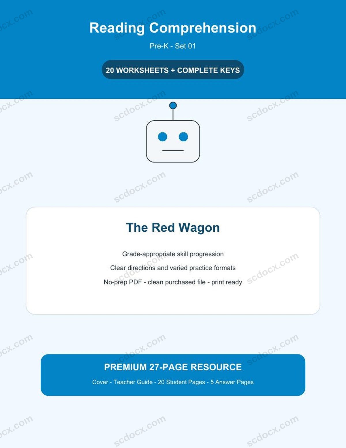 Reading Comprehension | Pre-K | The Red Wagon | 20 Worksheets + Answer Keys