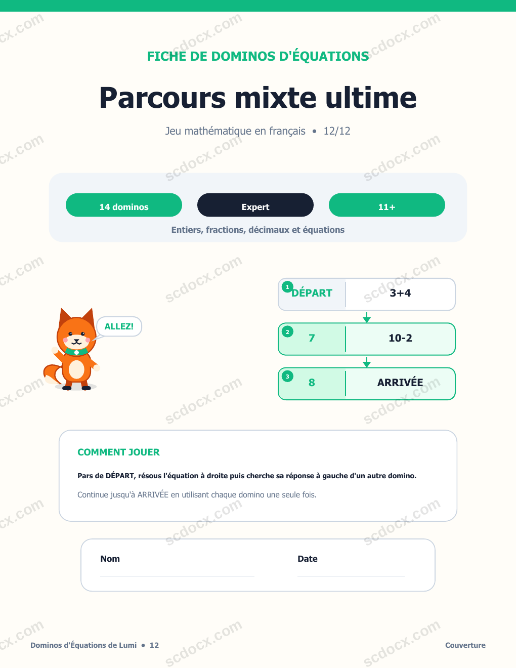 Dominos d'Équations en Français 12 - Parcours mixte ultime avec corrigé