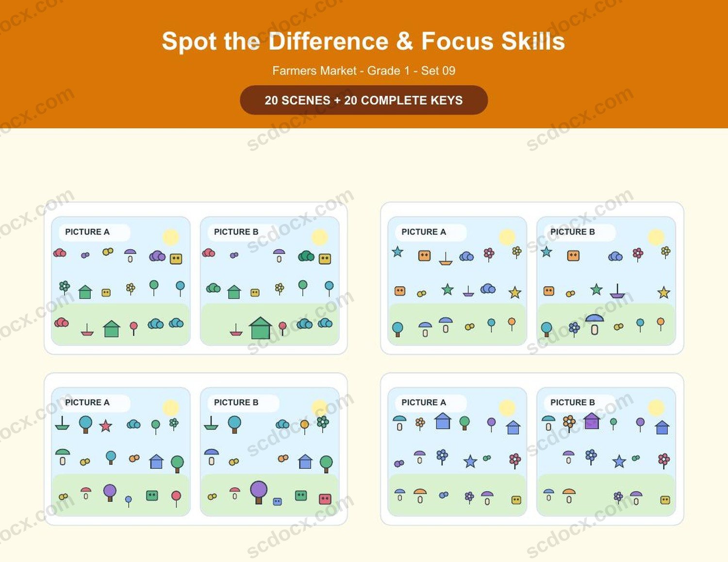 Spot the Difference | Grade 1 | Farmers Market | 20 Games + Keys | US Letter Landscape