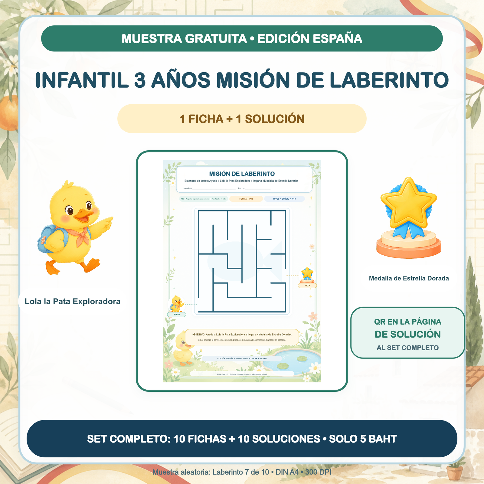 MUESTRA GRATUITA — Misiones de Laberinto España: Infantil 3 años (1 ficha + solución)