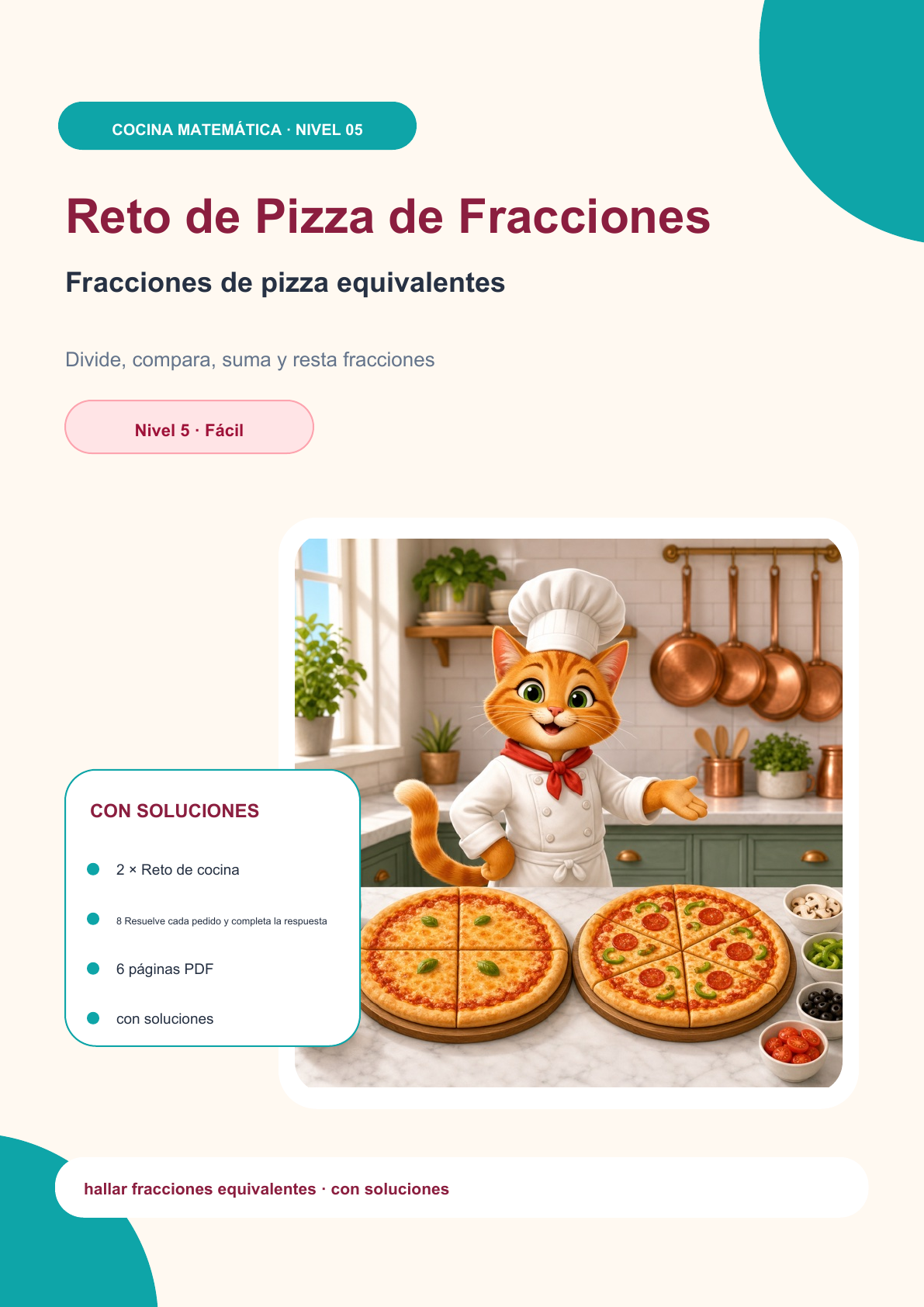 Reto de Pizza de Fracciones Nivel 5 | Fracciones de pizza equivalentes con soluciones (GRATIS)