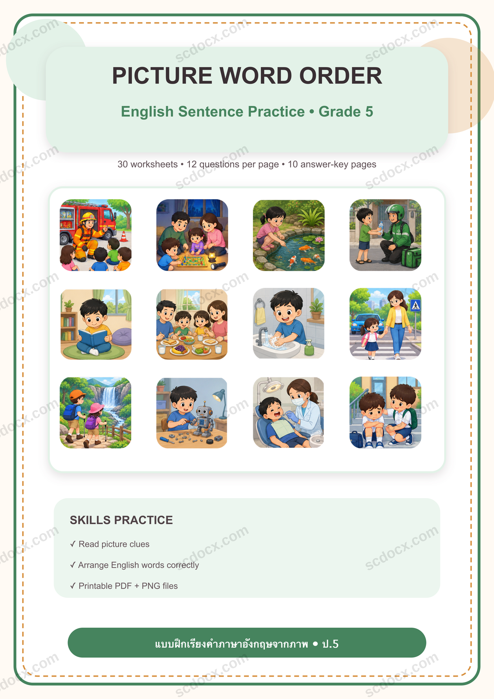 แบบฝึกเรียงคำสร้างประโยคภาษาอังกฤษจากภาพ ป.5 | 30 หน้า พร้อมเฉลย 10 หน้า PDF + PNG