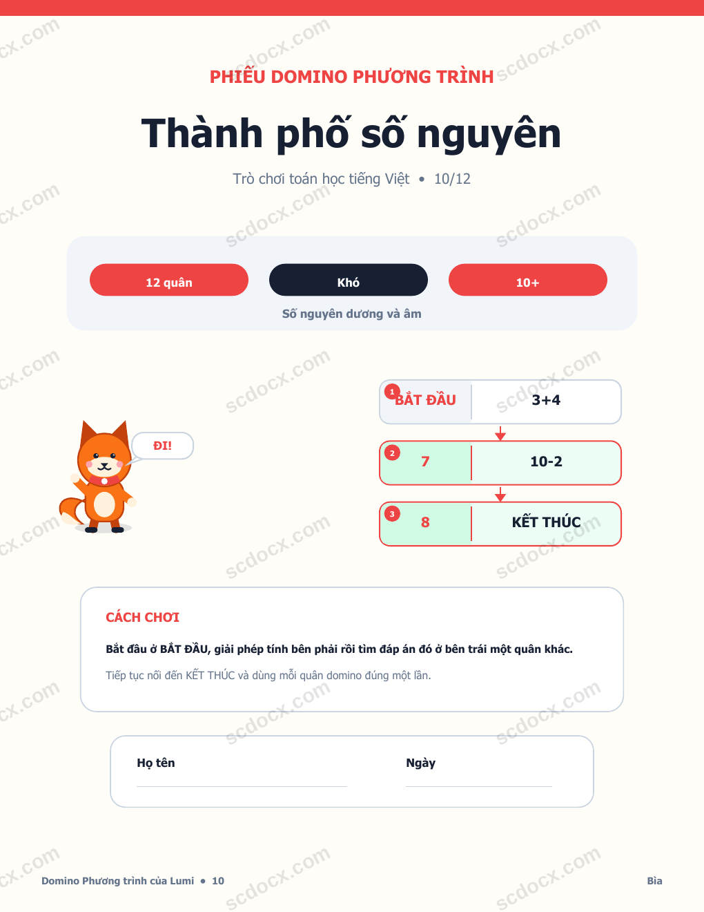 Domino Phương trình Tiếng Việt 10 - Thành phố số nguyên có Đáp án