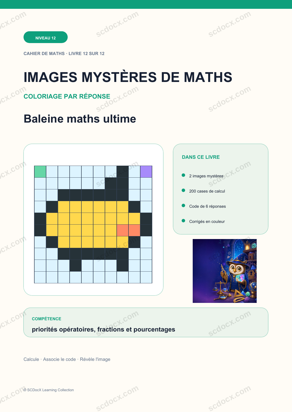 Image mystère de maths Niveau 12 | Baleine maths ultime avec corrigé