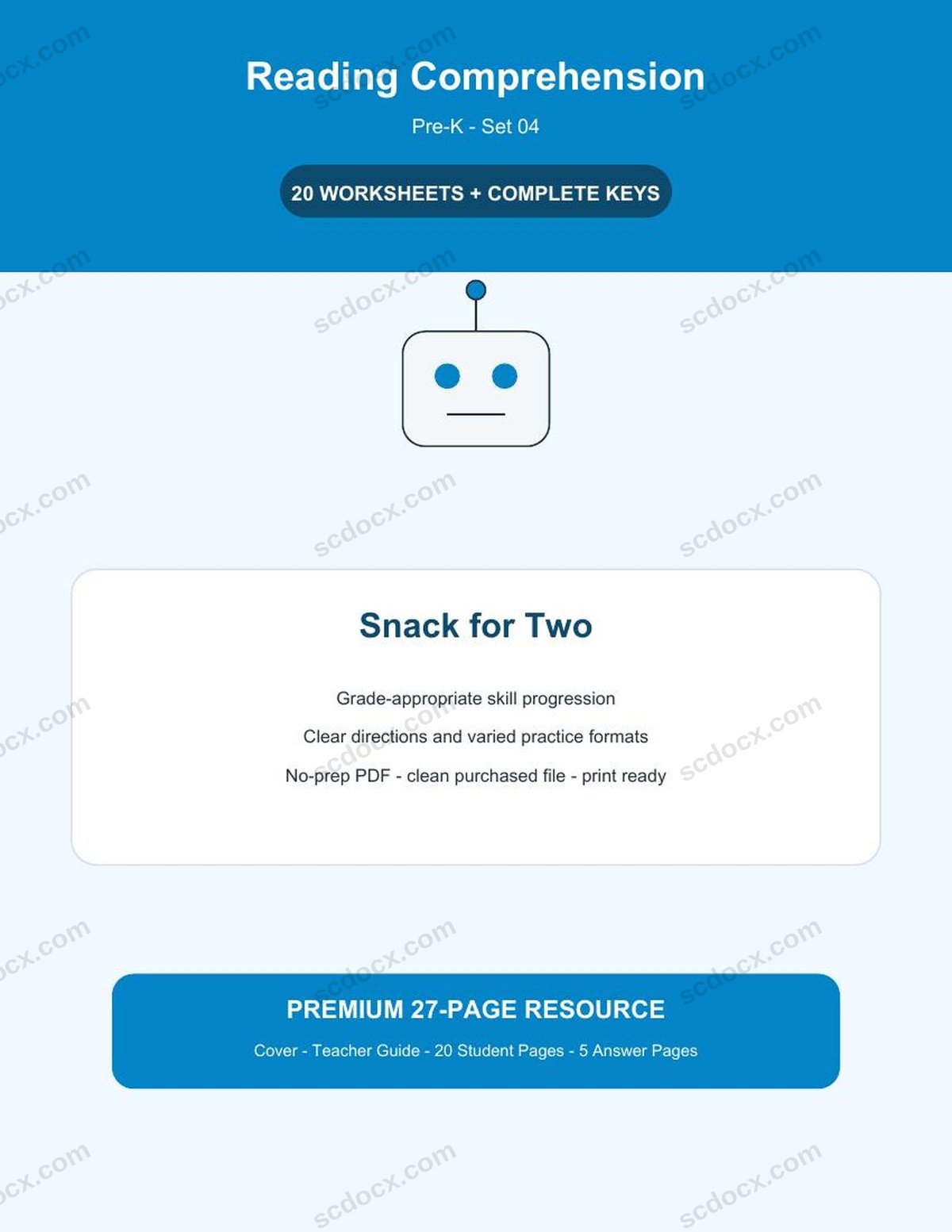 Reading Comprehension | Pre-K | Snack for Two | 20 Worksheets + Answer Keys