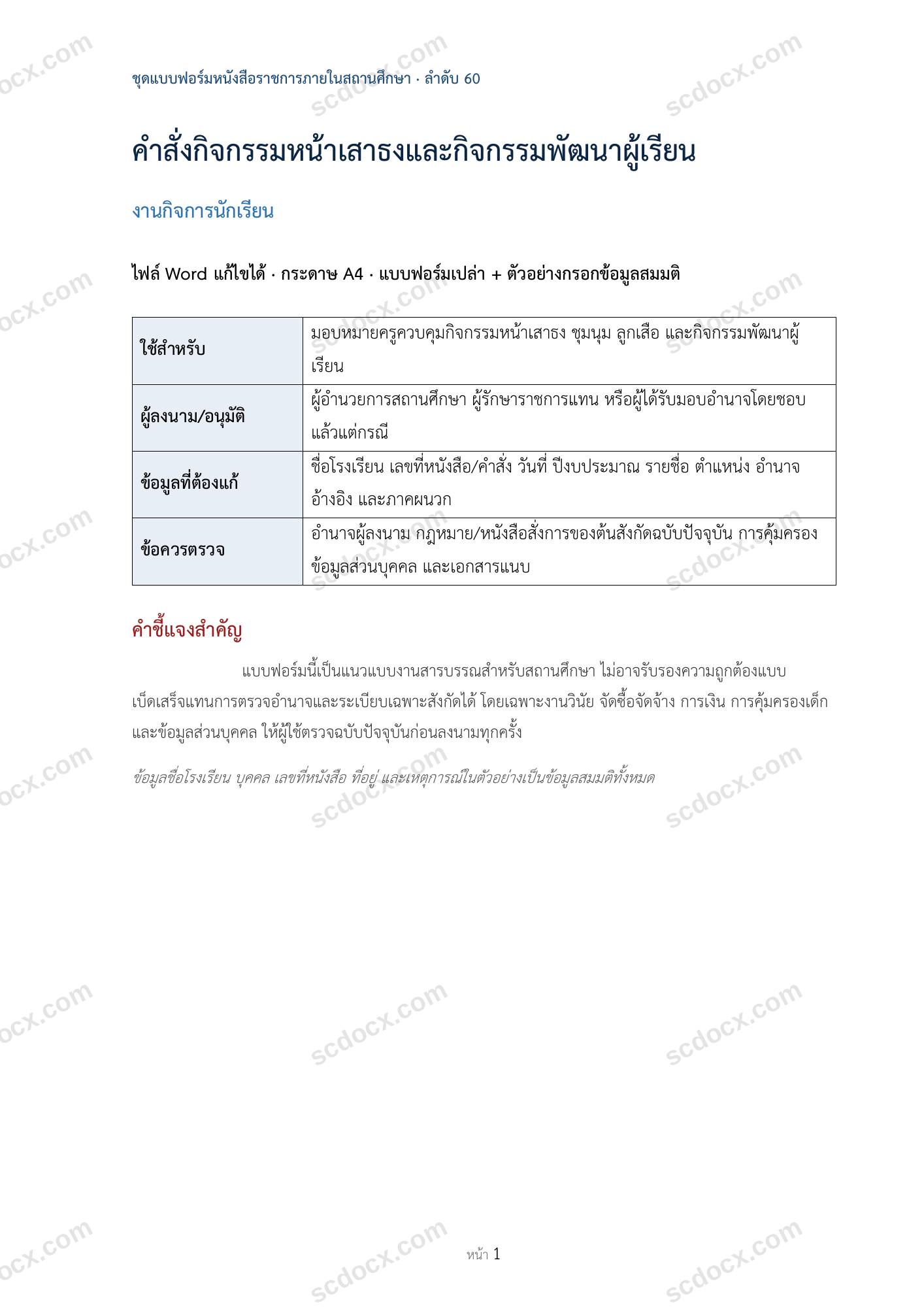 คำสั่งกิจกรรมหน้าเสาธงและกิจกรรมพัฒนาผู้เรียน