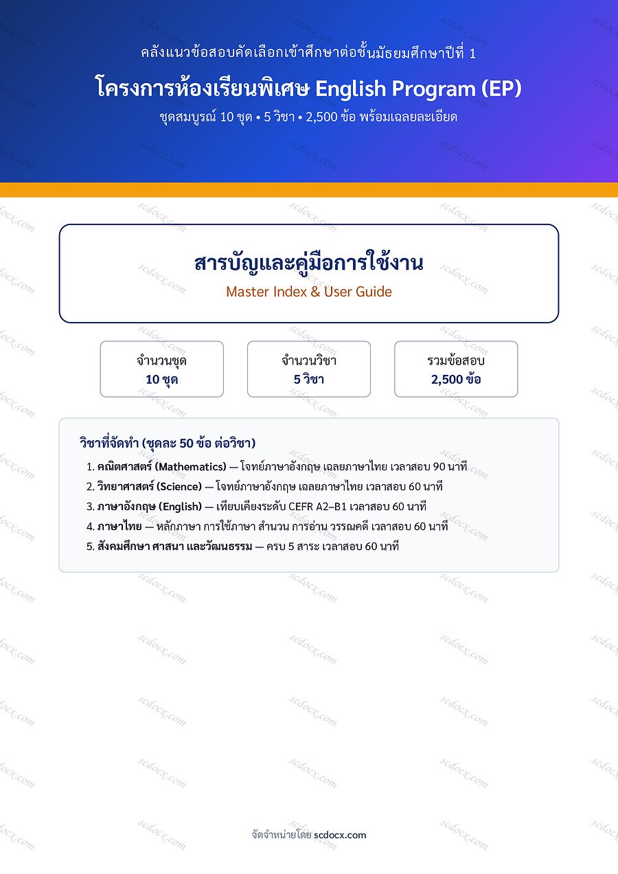แนวข้อสอบเข้า ม.1 ห้อง EP (English Program) รวมวิชา 2,500 ข้อ พร้อมเฉลยละเอียด