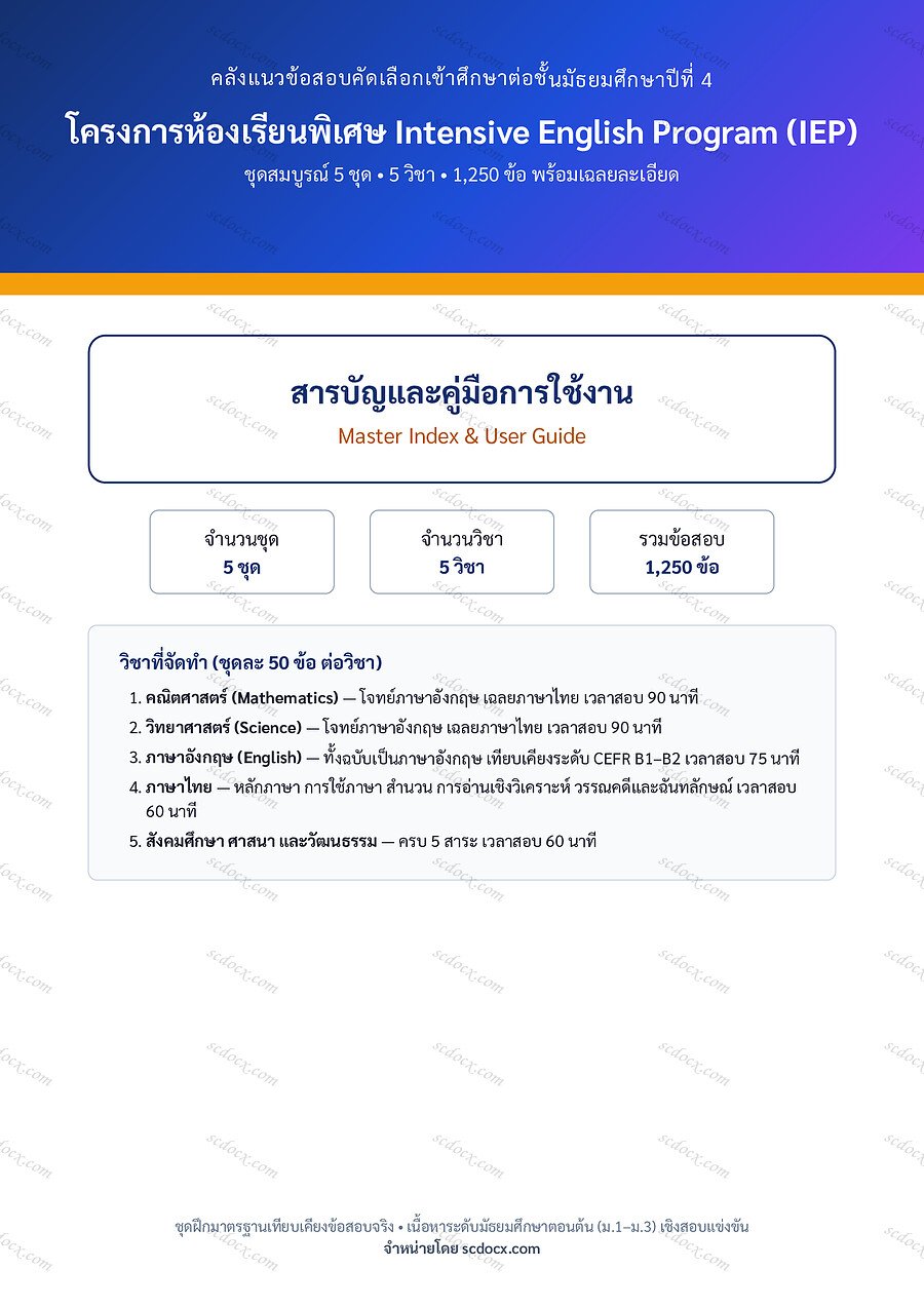 [8E092787] ข้อสอบเข้า ม.4 IEP | สารบัญและคู่มือการใช้งาน | PDF 3 หน้า