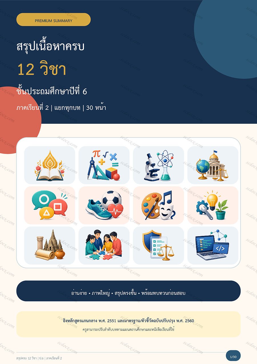 สรุปครบ 12 วิชา ป.6 ภาคเรียนที่ 2 | 30 หน้า