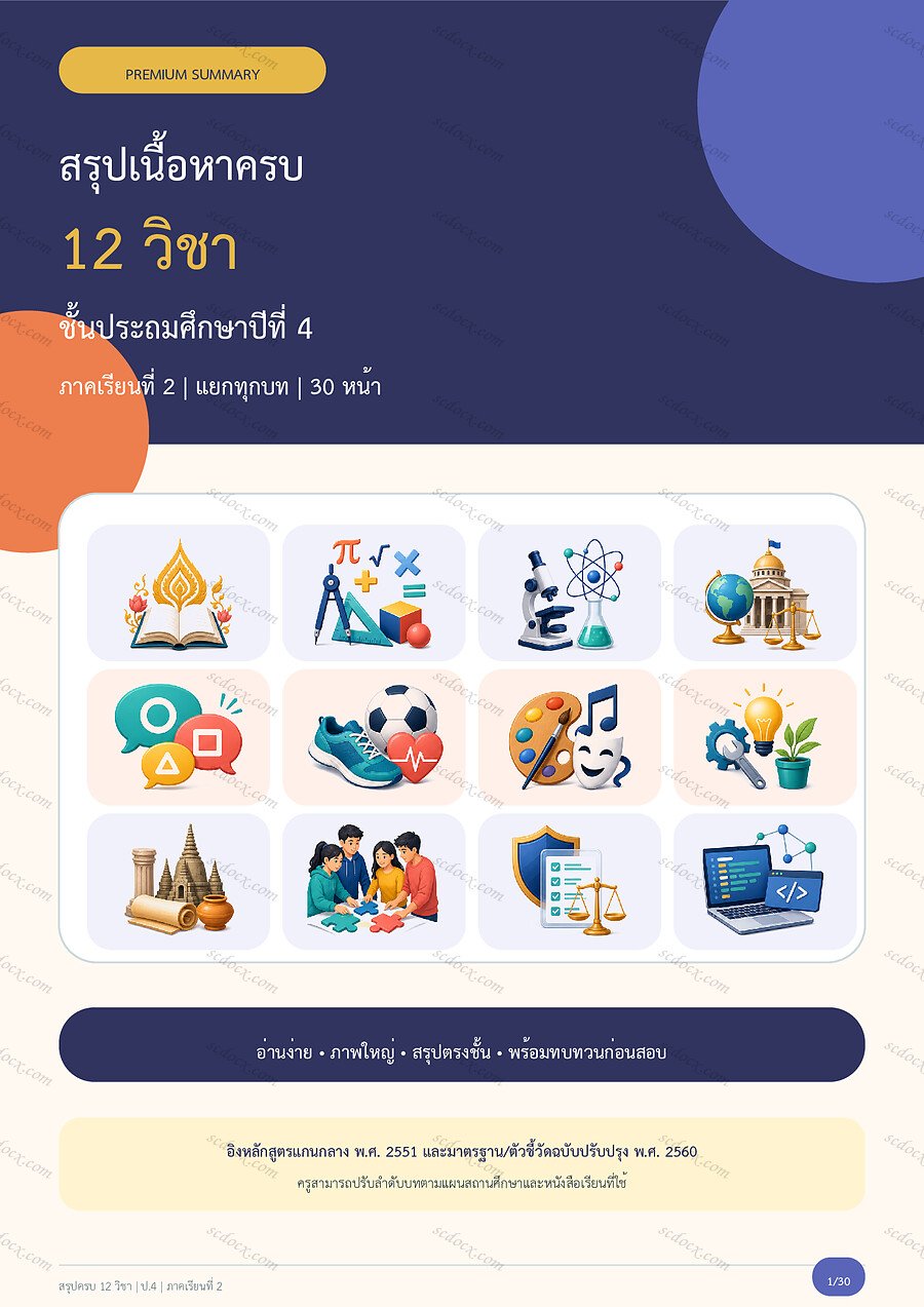 สรุปครบ 12 วิชา ป.4 ภาคเรียนที่ 2 | 30 หน้า