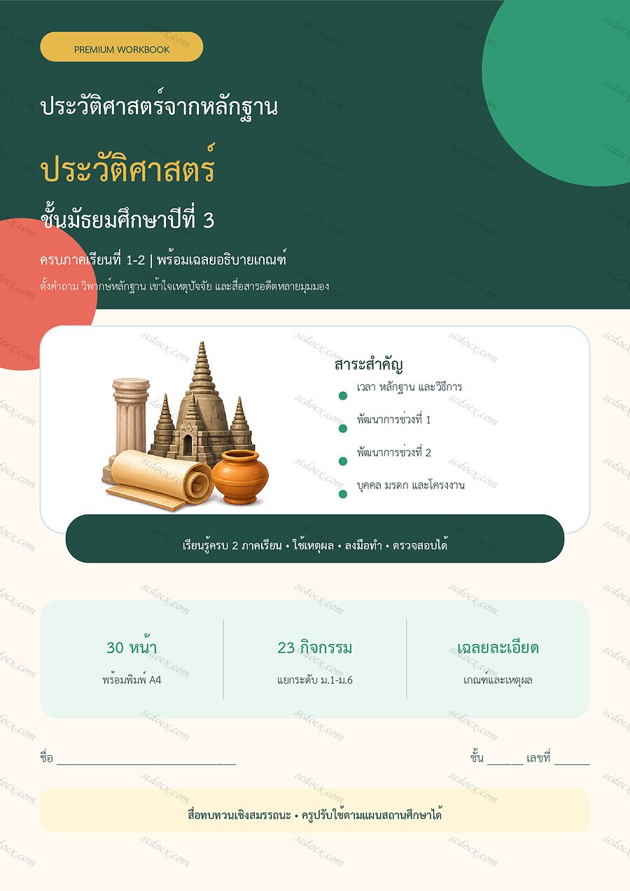 ใบงานประวัติศาสตร์ ม.3 ทบทวนครบปี ภาคเรียน 1-2 | 30 หน้า พร้อมเฉลย