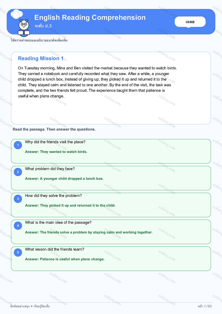 แบบฝึกEnglish Reading Comprehension ป.3 | 30 หน้า พร้อมเฉลย 30 หน้า PDF + PNG