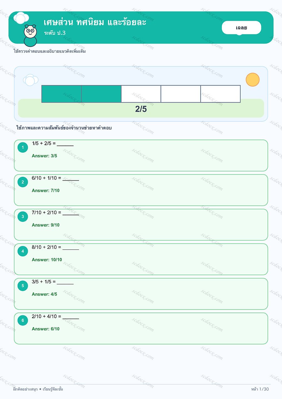 แบบฝึกเศษส่วน ทศนิยม และร้อยละ ป.3 | 30 หน้า พร้อมเฉลย 30 หน้า PDF + PNG