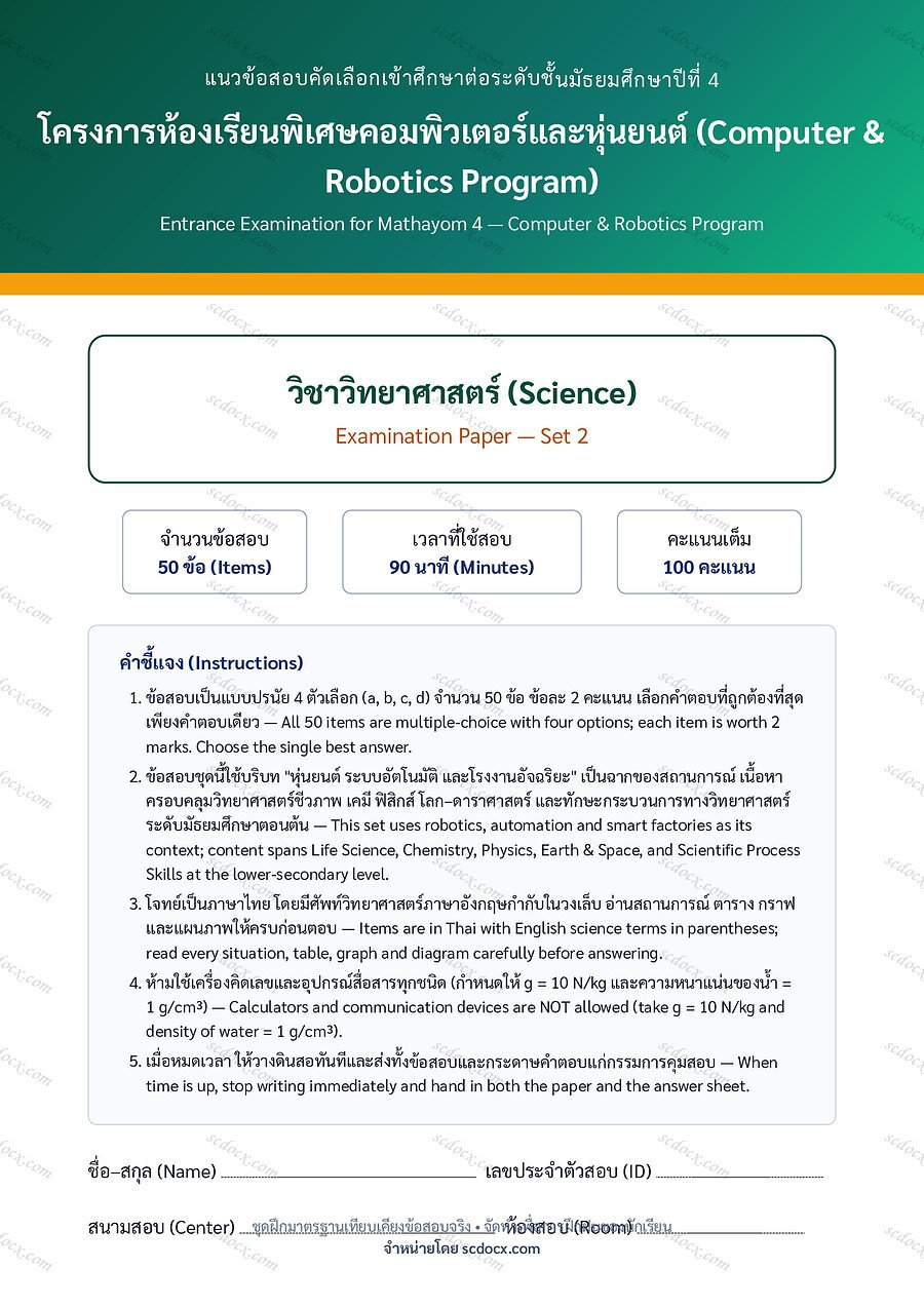 [4D19960F] ข้อสอบเข้า ม.4 ห้องเรียนพิเศษคอมพิวเตอร์และหุ่นยนต์ (Computer & Robotics) | ข้อสอบเข้า ม.4 คอม-หุ่นยนต์ วิทยาศาสตร์ ชุดที่ 2 | PDF 19 หน้า