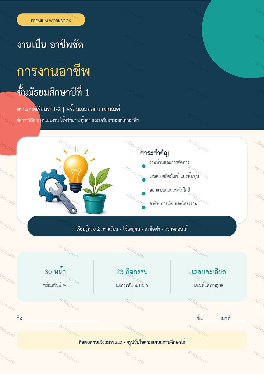 ใบงานการงานอาชีพ ม.1 ทบทวนครบปี ภาคเรียน 1-2 | 30 หน้า พร้อมเฉลย