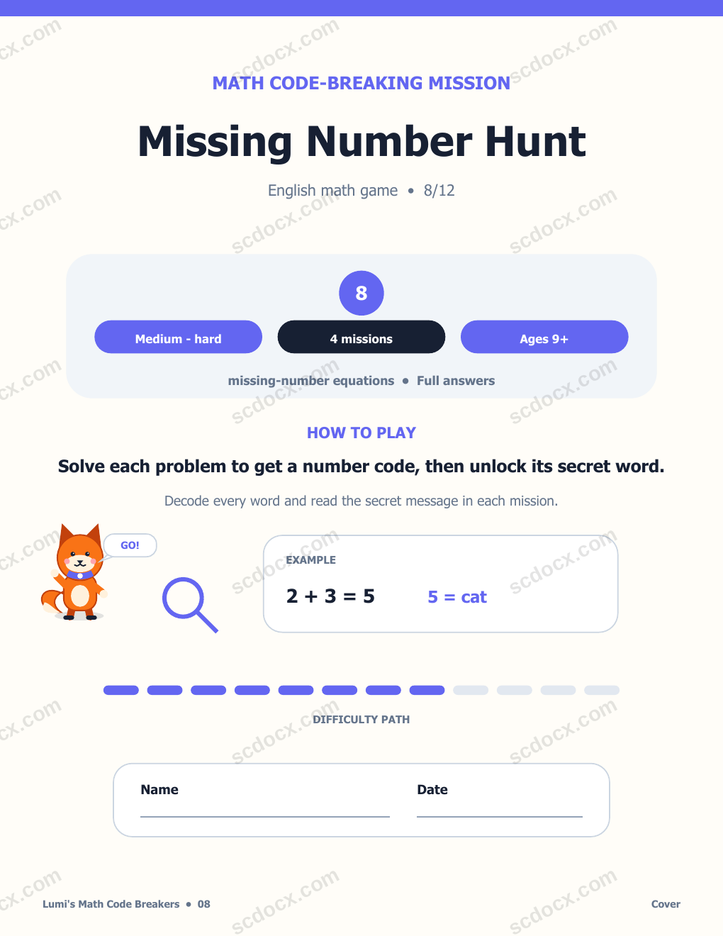Math Code Breaker in English 08 - Missing Number Hunt with Answers