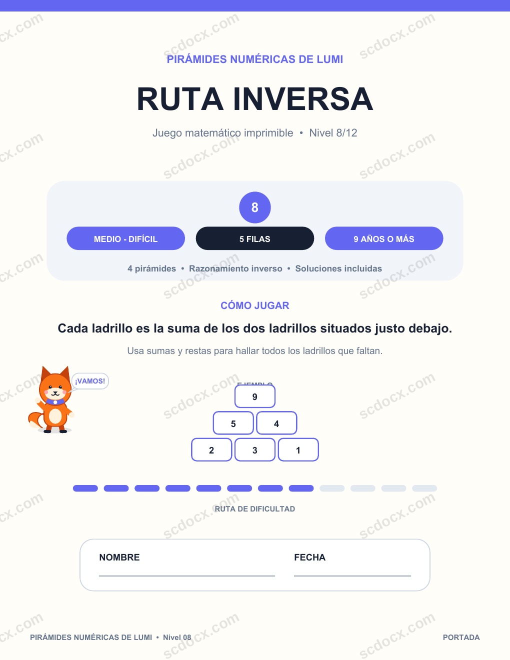 Pirámide numérica de matemáticas 08 - Ruta inversa con soluciones