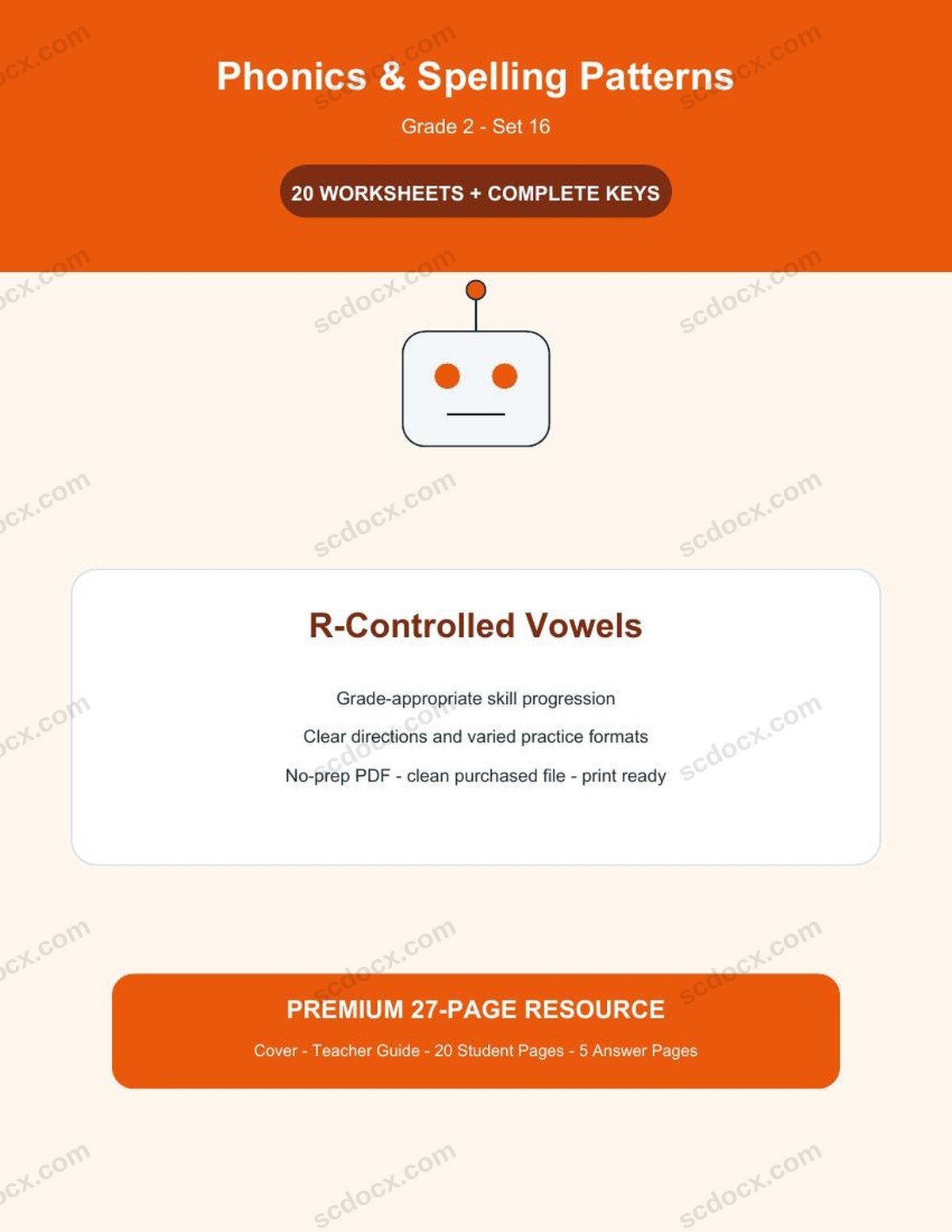 Phonics & Spelling Patterns | Grade 2 | R-Controlled Vowels | 20 Worksheets + Answer Keys