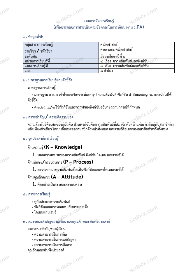 แผนการสอน ว.PA คณิตศาสตร์ แผนที่ 7 ความสัมพันธ์และฟังก์ชัน ม.4