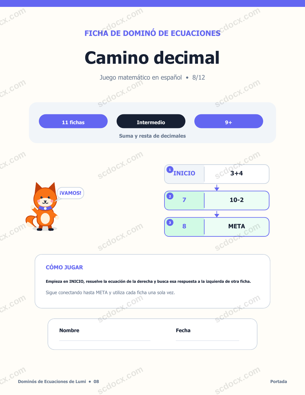 Dominó de Ecuaciones en Español 08 - Camino decimal con soluciones