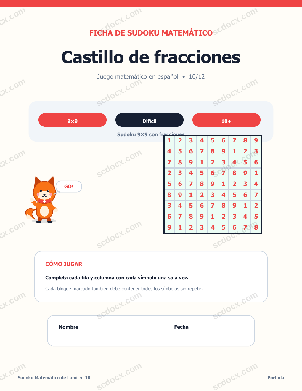 Sudoku Matemático en Español 10 - Castillo de fracciones con soluciones