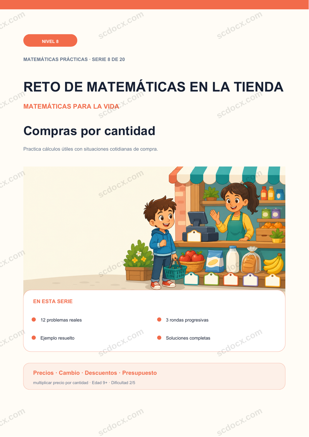 Reto de matemáticas en la tienda Nivel 8 | Compras por cantidad con soluciones