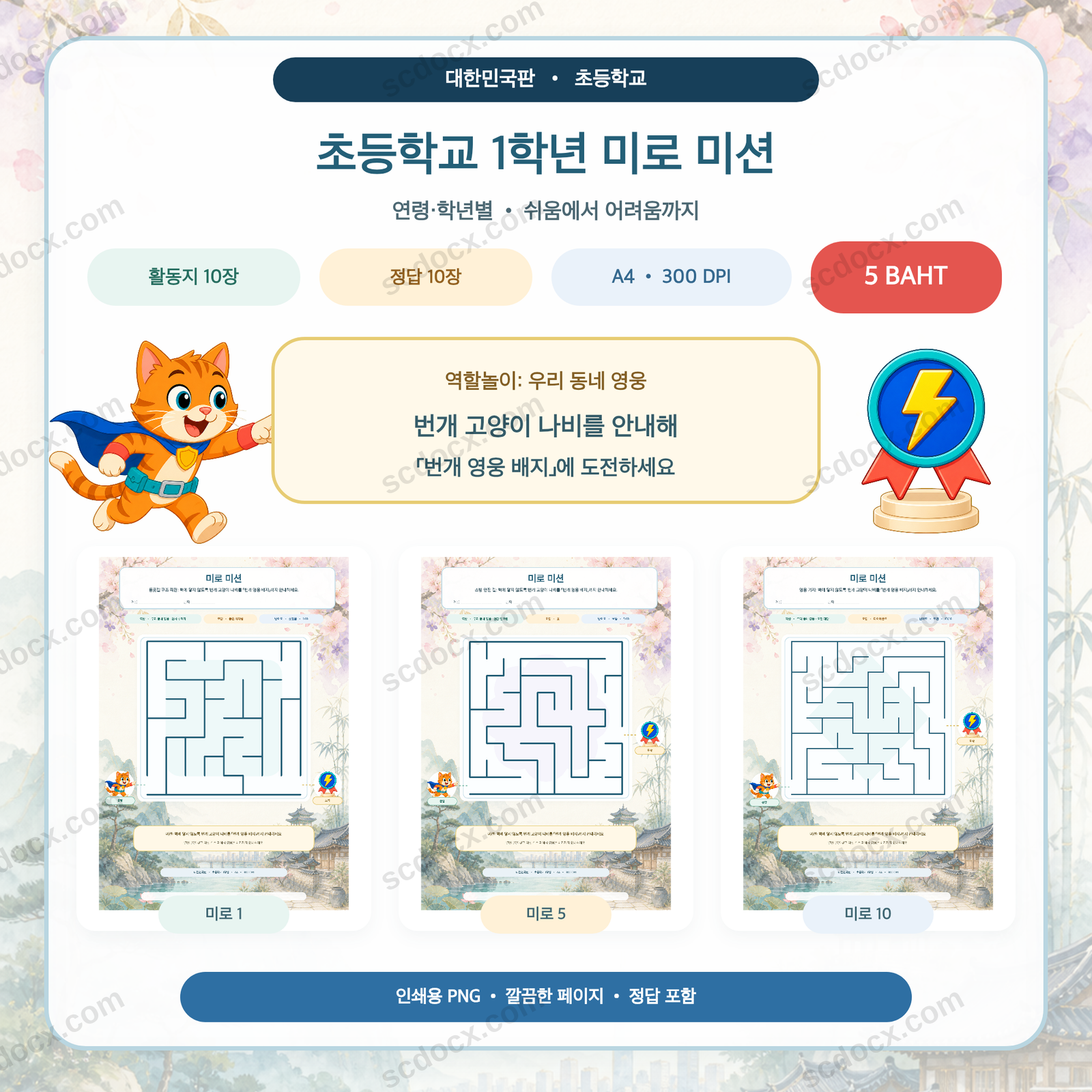 대한민국판 미로 미션 — 초등학교 1학년 (활동지 10장 + 정답 10장)