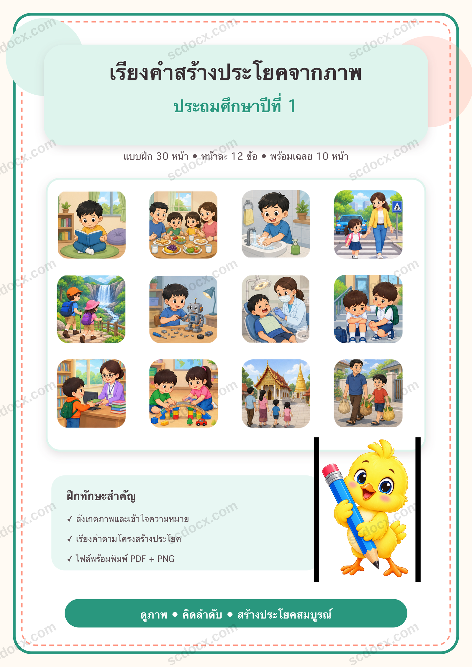แบบฝึกเรียงคำสร้างประโยคจากภาพ ป.1 | 30 หน้า พร้อมเฉลย 10 หน้า PDF + PNG