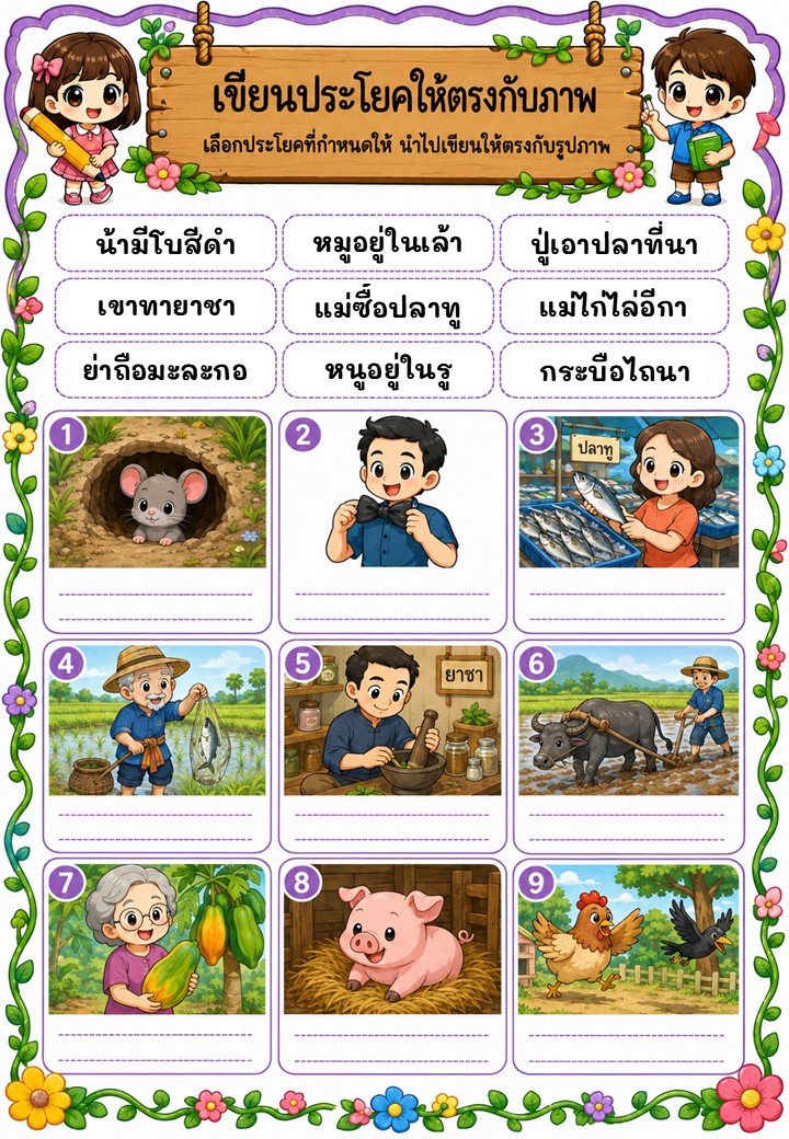 แบ่งปันฟรี!! ใบงานเขียนประโยคให้ตรงกับภาพ มาตราแม่ ก.กา