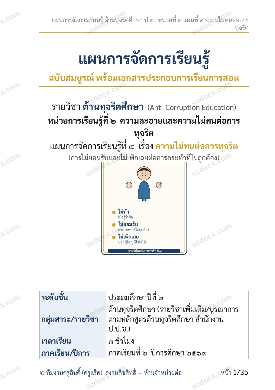 แผนการสอนประกอบการประเมิน ว.PA วิชาต้านทุจริต แผนที่ 4 เรื่อง ความไม่ทนต่อการทุจริต ชั้น ป.2