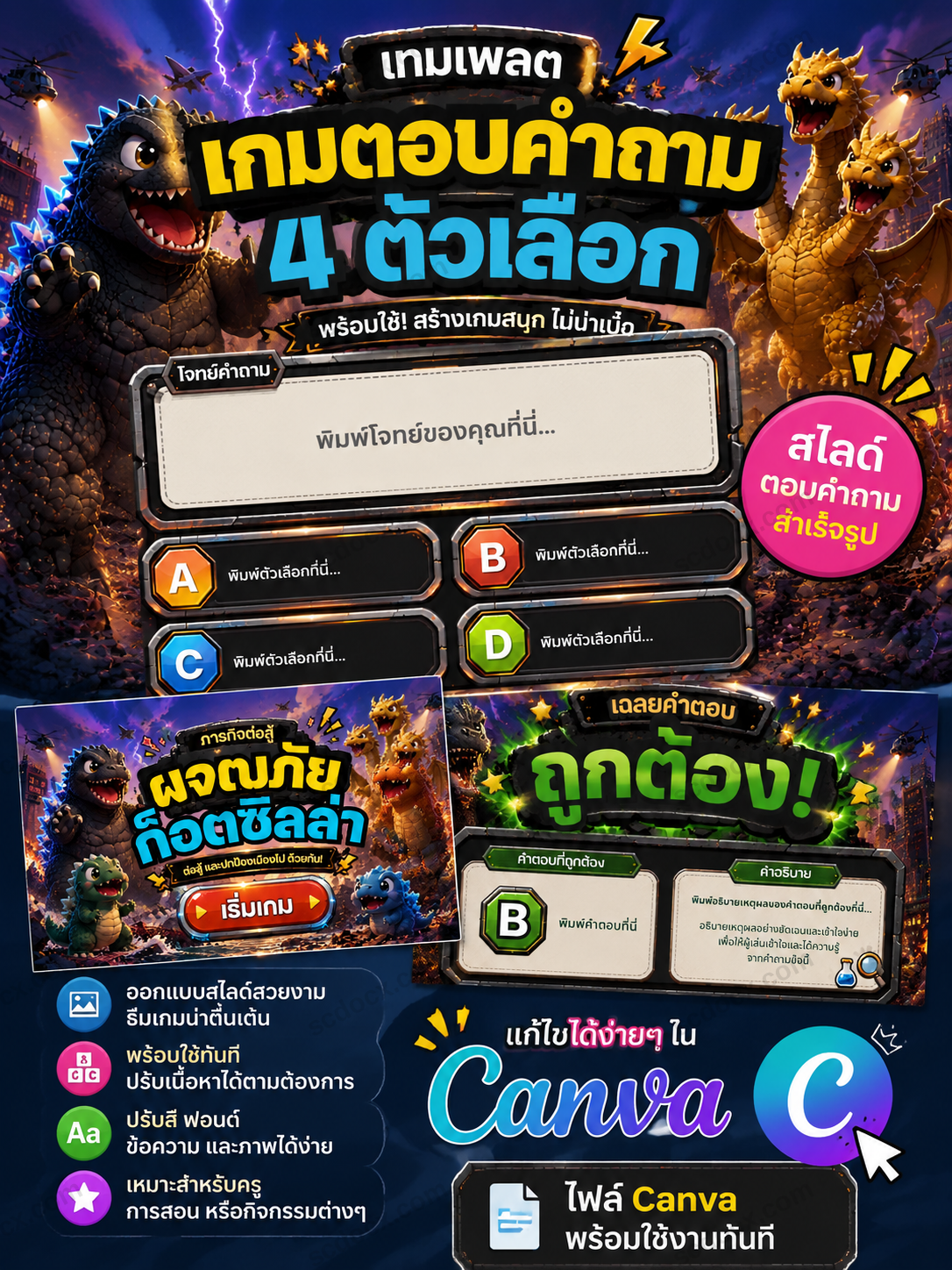 เกมตอบคำถาม 4 ตัวเลือก A B C D Canva | เทมเพลตเกมการศึกษา พร้อมใช้สำหรับครู