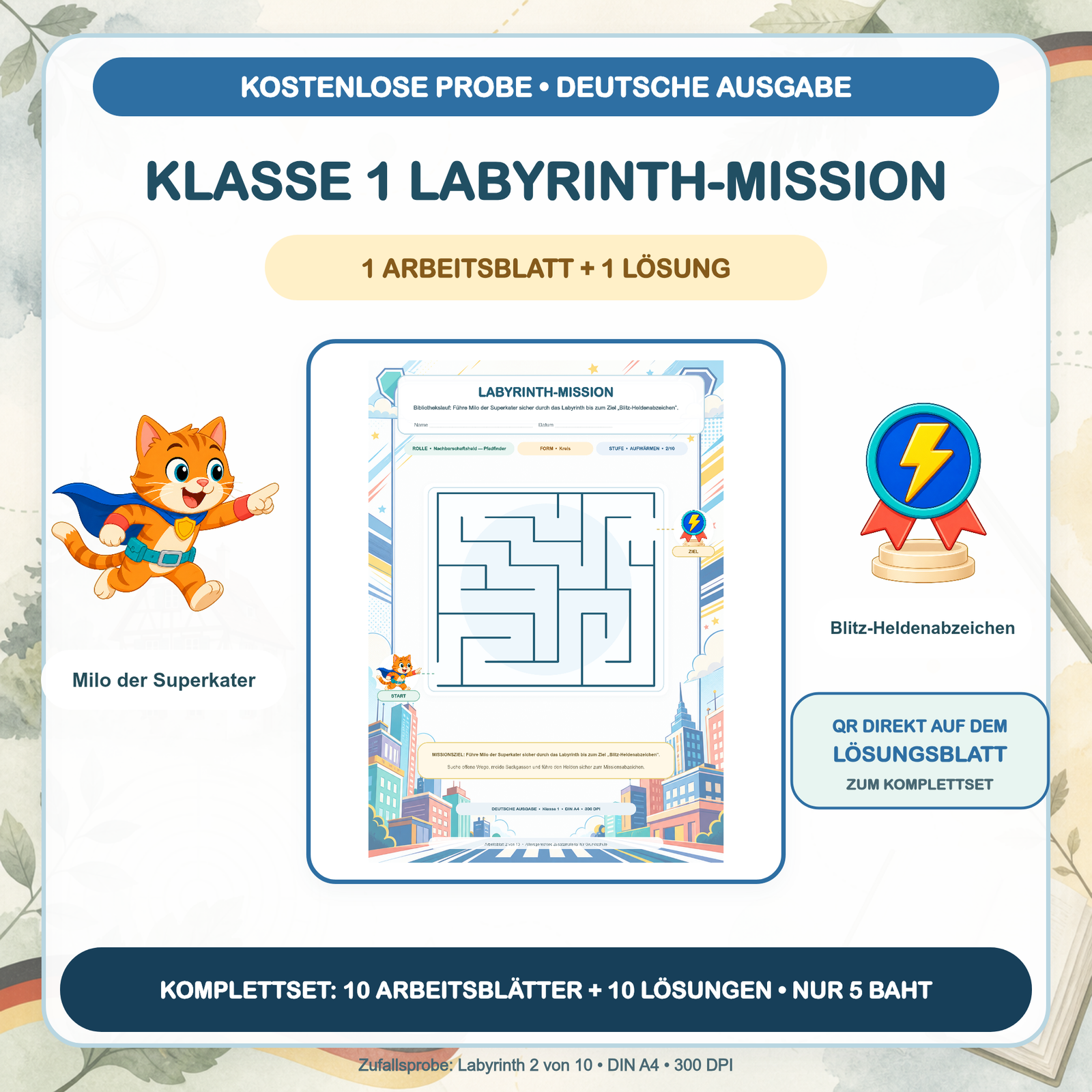 KOSTENLOSE PROBE — Labyrinth-Missionen Deutsch: Klasse 1 (1 Arbeitsblatt + Lösung)