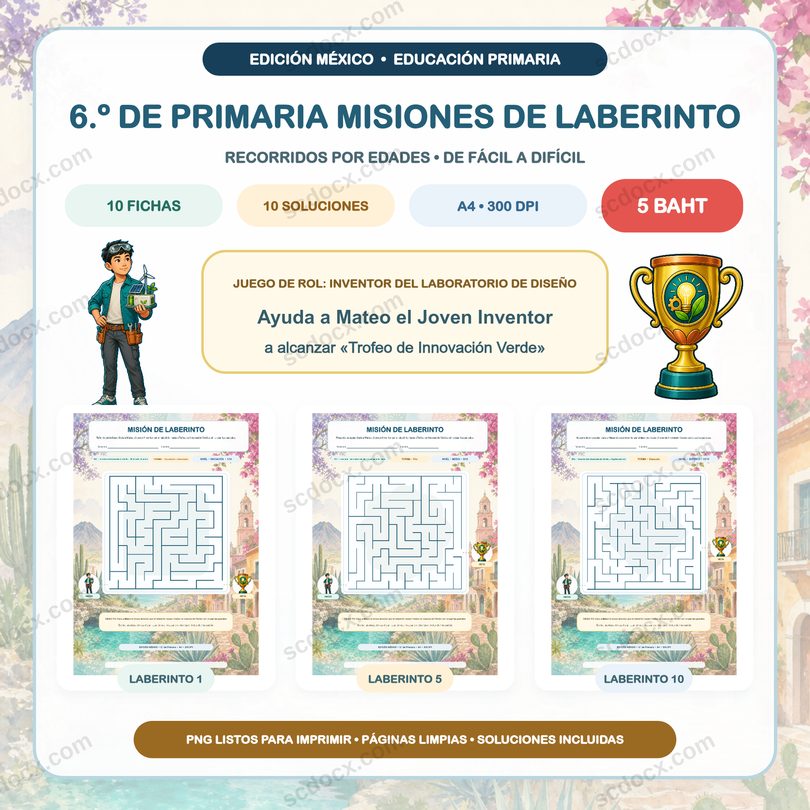 Edición México Misiones de Laberinto — 6.º de Primaria (10 fichas + soluciones)